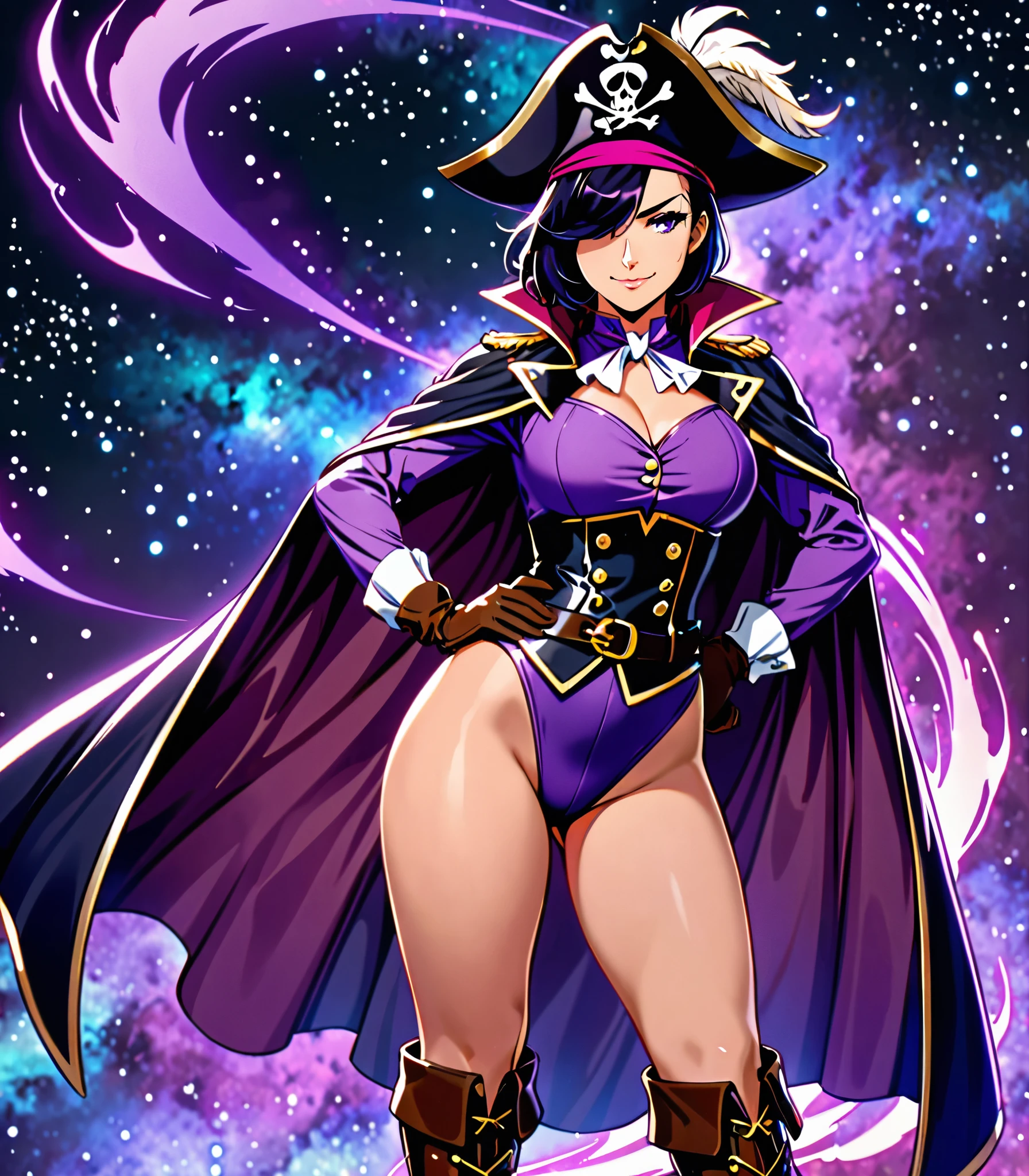 (masterpiece, best quality, high quality, highres:1.4), detailed, extremely detailed, ambient soft lighting, 4K, 1girl, (mature female), (short hair, black hair, hair over one eye:1.3), (purple eyes, confident smirk:1.2), medium breasts, (edgmousquetaire, costume, gloves, cape, boots, pirate, space pirate, matching boots, matching gloves, large hat, purple hat, feather on hat, wearing edgmousquetaire, leotard, purple leotard), hand on hips, confident pose, outer space backdrop, bare legs, (power, aura, purple aura).