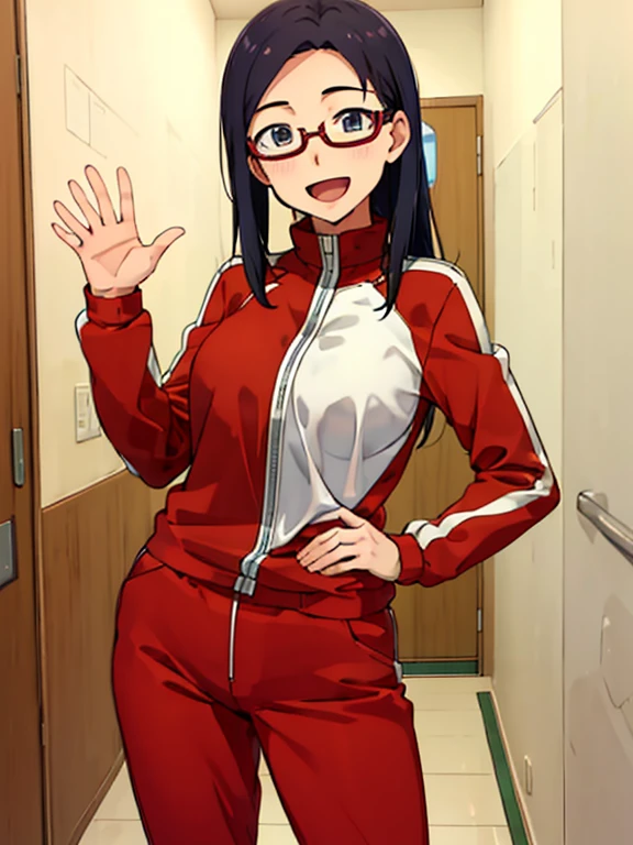 1girl, satou sakie,,  glasses, track jacket, red pants, looking at viewer, large breasts, cowboy shot, smile, open mouth, happy, waving, school, hallway, hand to hip