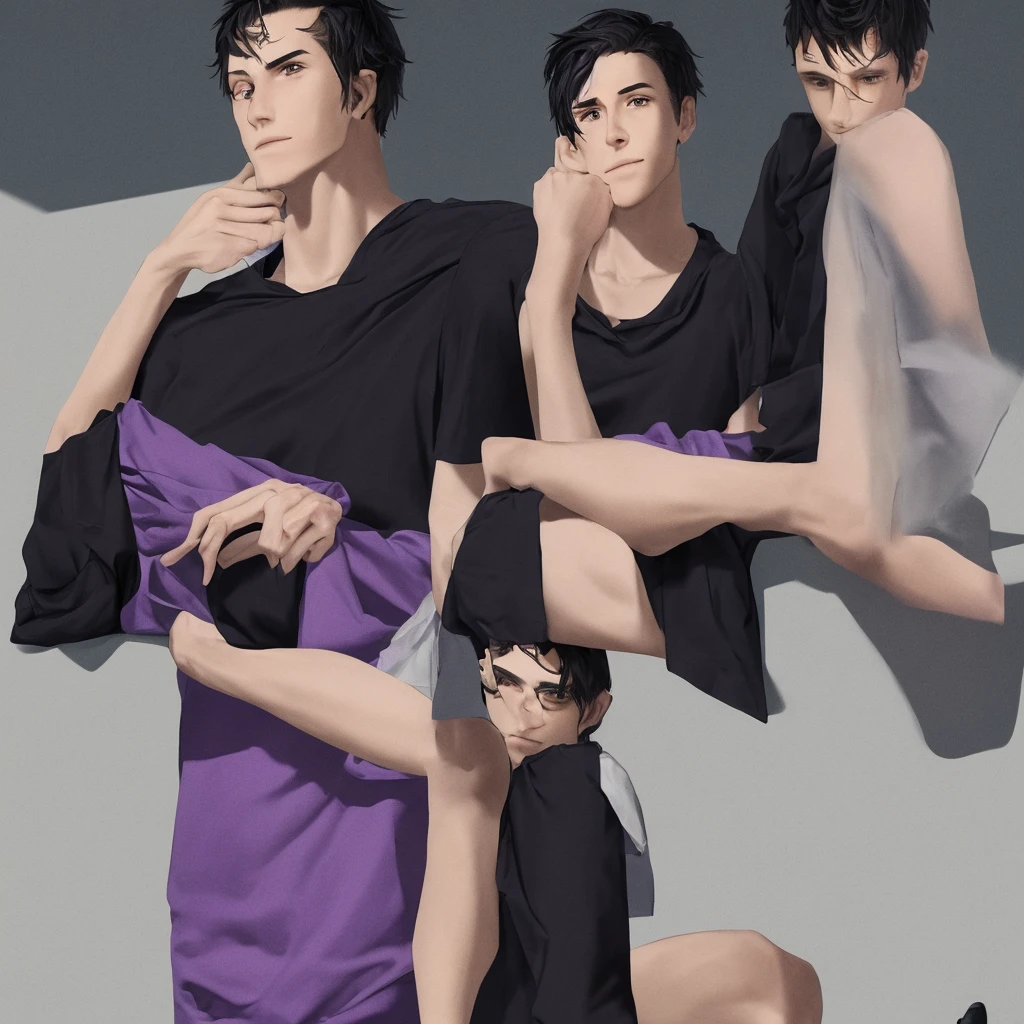 a young man with white skin, middle parted black hair, wearing a black t-shirt, purple hoodie, black pants, and black and white sneakers, detailed facial features, realistic, photorealistic, high quality, 8k, masterpiece, ultra-detailed, physically-based rendering, vivid colors, dramatic lighting