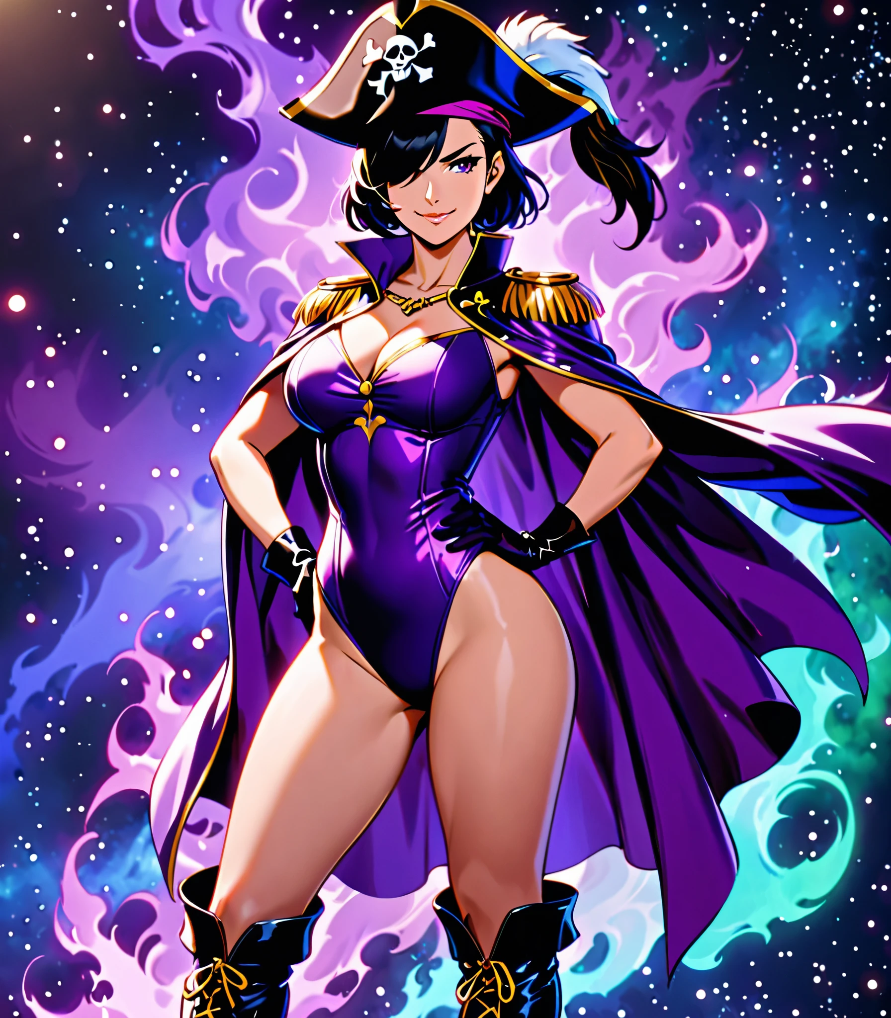 (masterpiece, best quality, high quality, highres:1.4), detailed, extremely detailed, ambient soft lighting, 4K, 1girl, (mature female), (short hair, black hair, hair over one eye:1.3), (purple eyes, confident smirk:1.2), medium breasts, (edgmousquetaire, costume, gloves, cape, boots, pirate, space pirate, matching boots, matching gloves, large hat, purple hat, feather on hat, wearing edgmousquetaire, leotard, purple leotard), hand on hips, confident pose, outer space backdrop, bare legs, (power, aura, purple aura).