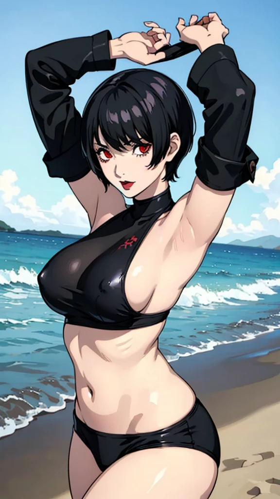 1 girl, milf, red eyes, very Short hair,black lipstick, black lipstick, shy, black hair, huge breast, bikini, tomboy Pixie haircut, hair over one eye, beach background, cowboy shot, arms up, armpits, thicc legs