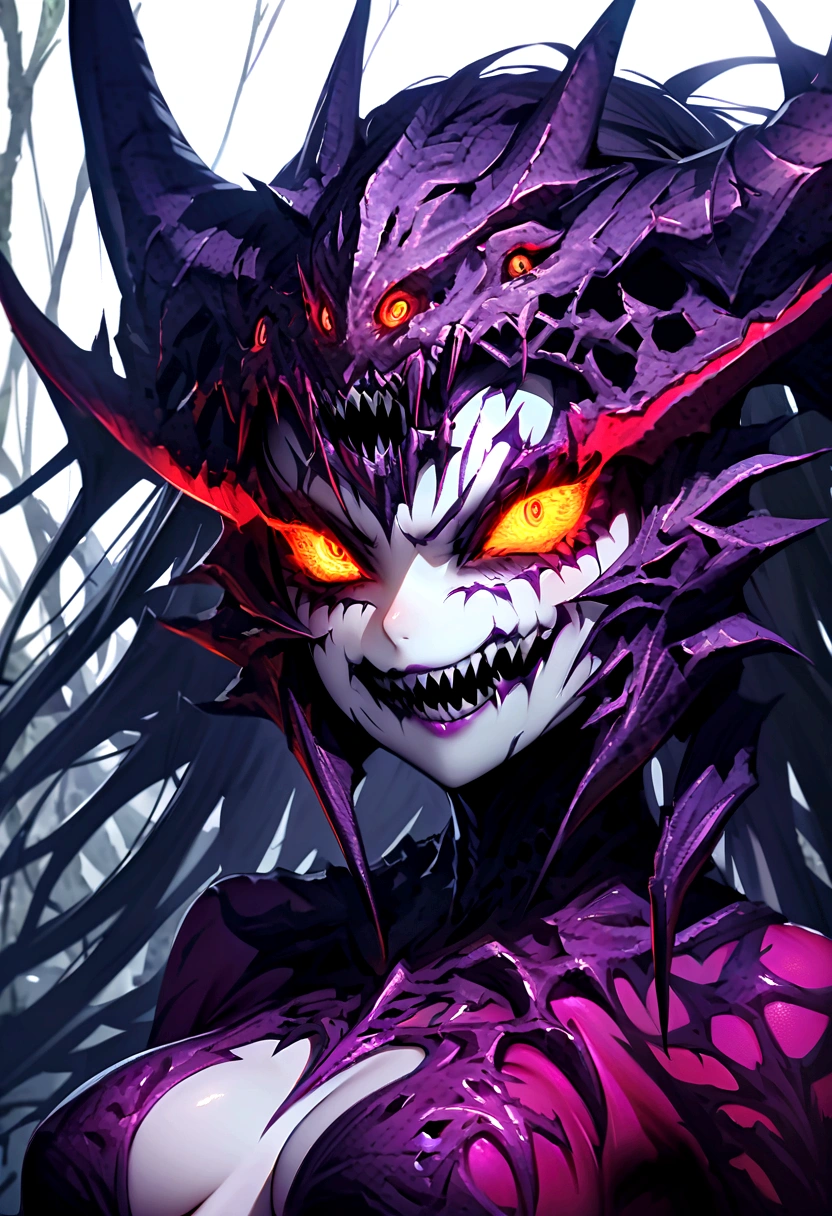 a female demonic mutant goddess of madness and fear, demonic mutant, insane expression, dark fantasy, extremely detailed face and eyes, sharp teeth, horns, glowing eyes, pale skin, faces on her body