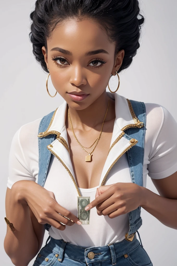 Create a picture of Tymmi Turner holding money and having money in her pocket (White background)