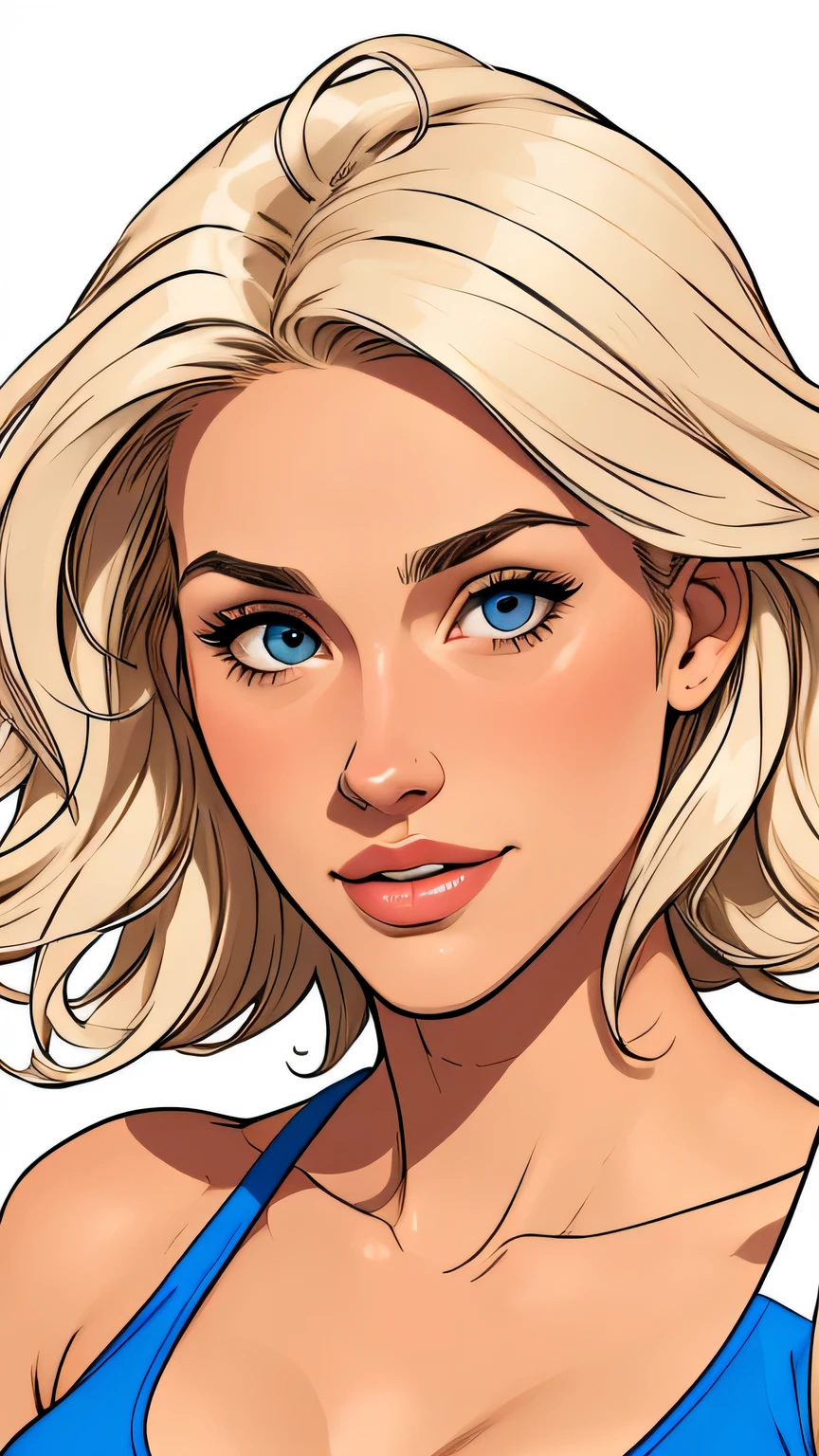 Flat colors, close up, portrait of a 25 year old surfer looking girl, tan skin, beach blonde salty hair, natural beaty, beautiful, casual, see thru tank top, Cleavage simply white background