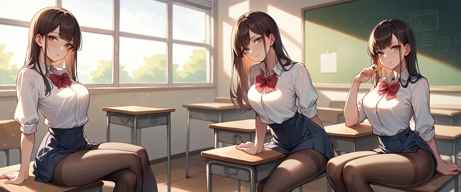 Realistic Miru Tights Anime, playing in the classroom, seductive look, sexy poses, sun light