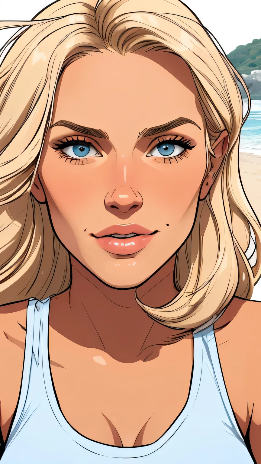 Flat colors, close up, portrait of a 25 year old surfer looking girl, tan skin, beach blonde salty hair, natural beaty, beautiful, casual, see thru tank top, Cleavage simply white background 