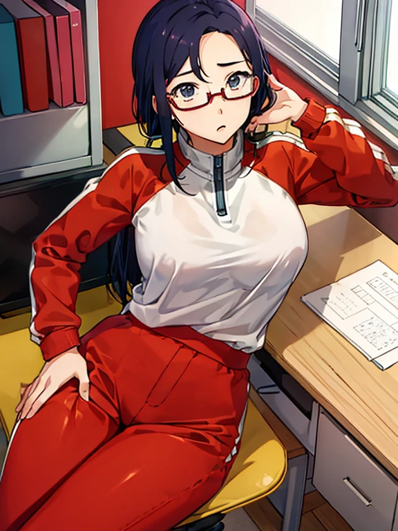 1girl, satou sakie,glasses, track jacket, red pants, looking at viewer, large breasts, sitting, from above, looking at viewer, thinking, :o, desk, chair, office