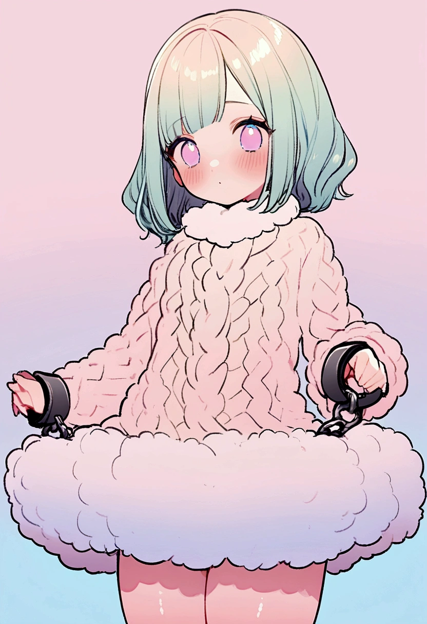 Best Quality, 32K, photo and gross, incredibly absurd, extremely detailed, delicate texture, cute woman, (Hairstyle with Layered Side Bangs, fluent, medium bright, fluffy and shiny), wearing a long fluffy knitted sweater, fluffy skirt, skirt lift, shackles, long fluffy boots, superlative body proportion, pastel color background