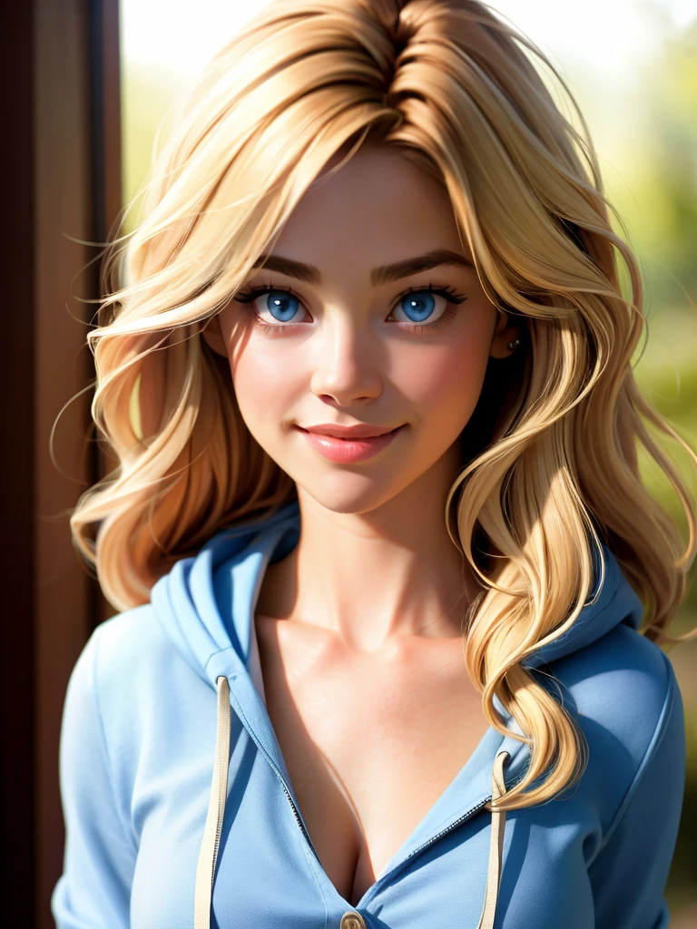 Realistic photo of a beautiful d3n1s3r woman, 1girl,solo,long hair,breasts,looking at viewer,smile,blue eyes,blonde hair,collarbone,upper body,hood,lips,portrait,realistic, soft lighting, professional Photography, Photorealistic, detailed, RAW, analog, sharp focus, 8k, HD, high quality, masterpiece