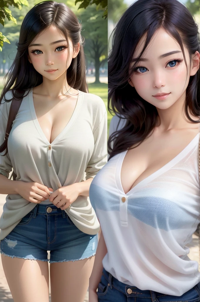 (blush:1.0),(masutepiece:1.2),(Photorealistic:1.4),(ulzzang-6500:1.0),4K,ultra res, 1girl in,Solo, Full body, looking in camera, Large breasts, (finely detailed eyes and detailed face:1.5),blush、Safiane Blue Eyes、Gentle smile、A little embarrassed、Constricted waist、Noticed、I looked back for a moment、Date Clothes、shortpants、Knitted tops、early evening、Meet face to face in the park, cleavage of the breast