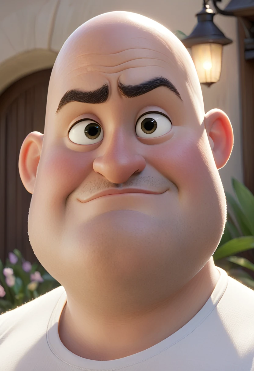 Create a Disney Pixar-style character of a 45-year-old man, baldie, chubby cheeks, sem beard, white undershirt, looking at the camera, foto perfil, commercial shot., face is brightly lit