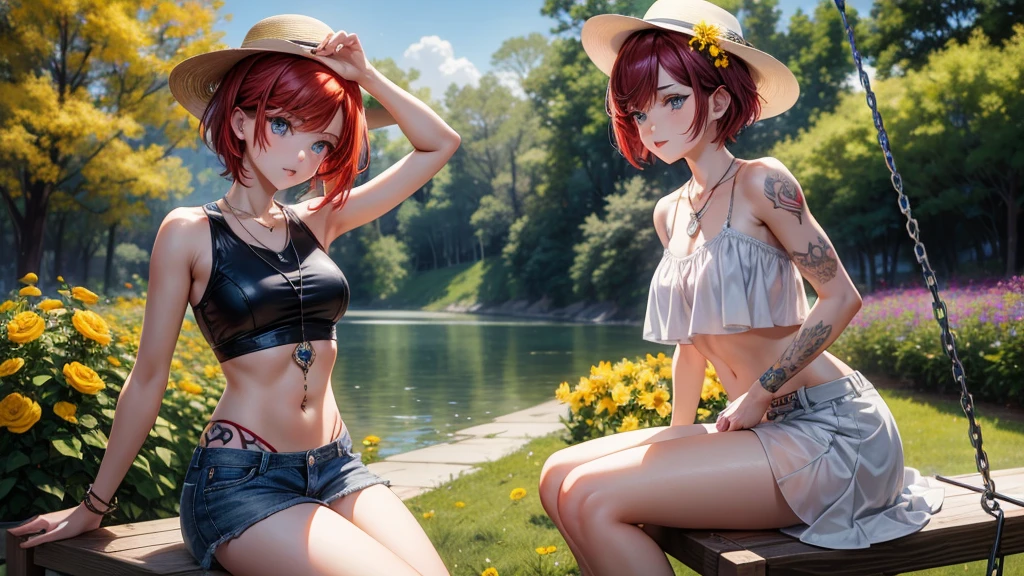 1 girl, One, only one girl ,short hair, Red hair, short tail, Blue eyes, necklace, piercing, tattoo on hand, USA, trees, swing, Swinging, flowers, yellow flower garden, цветочный USA фон, noon, River, white hats, short vans, crop top, Stomach tattoo,