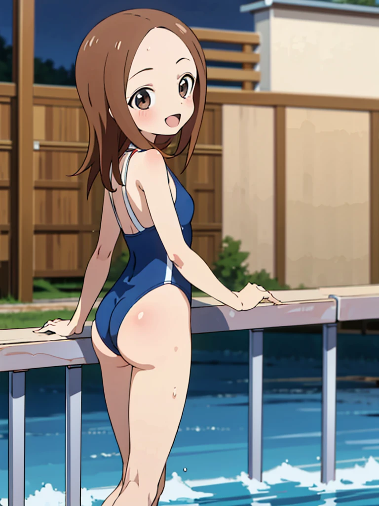 masterpiece, Highest quality, Very detailed, anime, girl,Night Pool,High cut swimsuit,smile,:d,action,Ass Focus, 1-takagi-san,