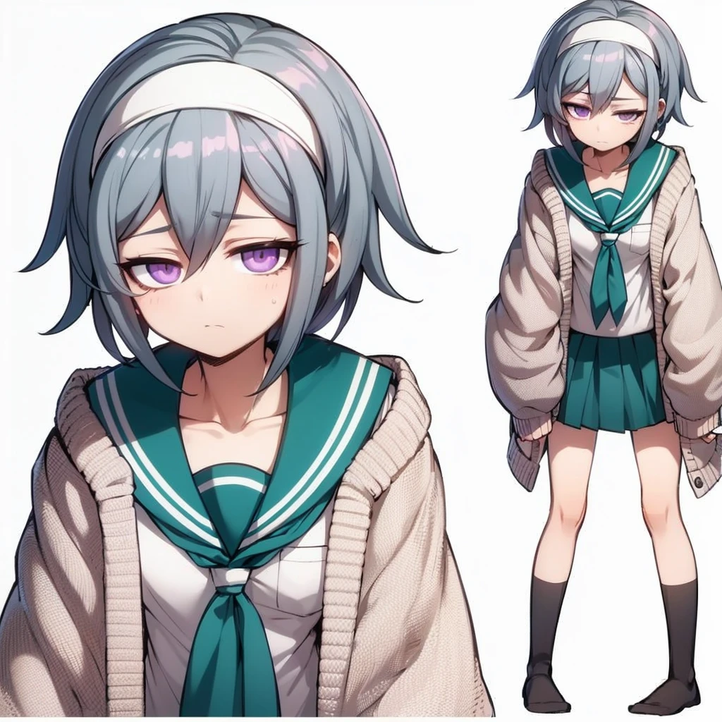 full body, standing up, holding school bag, woman, baby blue hair, short straight hair, fringe falling on face, half lided eyes, purple eyes, calm expression, wearing white and green , wearing white headband, using purple sphere earrings, wearing oversized gray cardigan, school background