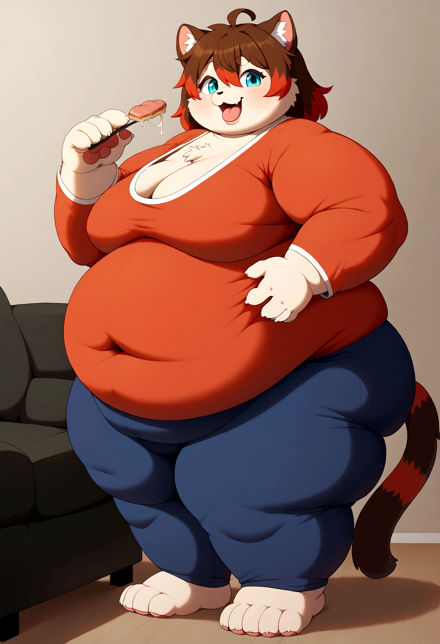 solo,simple background,brown hair,red eyes,1boy,looking at viewer,furry,animal ears,multicolored hair,red hair,full body,fat,cat boy,obesity,big,huge,massive,immobile,growing,expanding,commission,belly,gut,paws,meat mountain,extreme obesity,photo realistic,weight gain++++++++++++,Fat++,extremely obese body type,obese body,obese face,obese arms,obese legs,correct arm,correct pose,correct hands,correct finger,Realistic CG,Standing posture,obese,sagging,weight gain,overhang,fatfur,inflation,feeding,immobilized,stuffed,fat boy,fat, obese, sagging, moobs, weight gain, overhang, fatfur, immobile,Dress appropriately,pajamas,bedroom,warm,Meat Mountain,Extremely obese body type,obese body,obese face,obese arms，obese legs,paunchy,inflation,Arrogant,fattening,feeding,weight_gain,Fit-to-Fat,Greedy,Couch,big fat,ssbhm,ass,booty,Excess meat,loll,good-for-nothing,Lying down,aqua eyes,large sagging fat chest,Sagging fat chest,WeightObese,WeightChubby,WeightImmobile,fleshiness