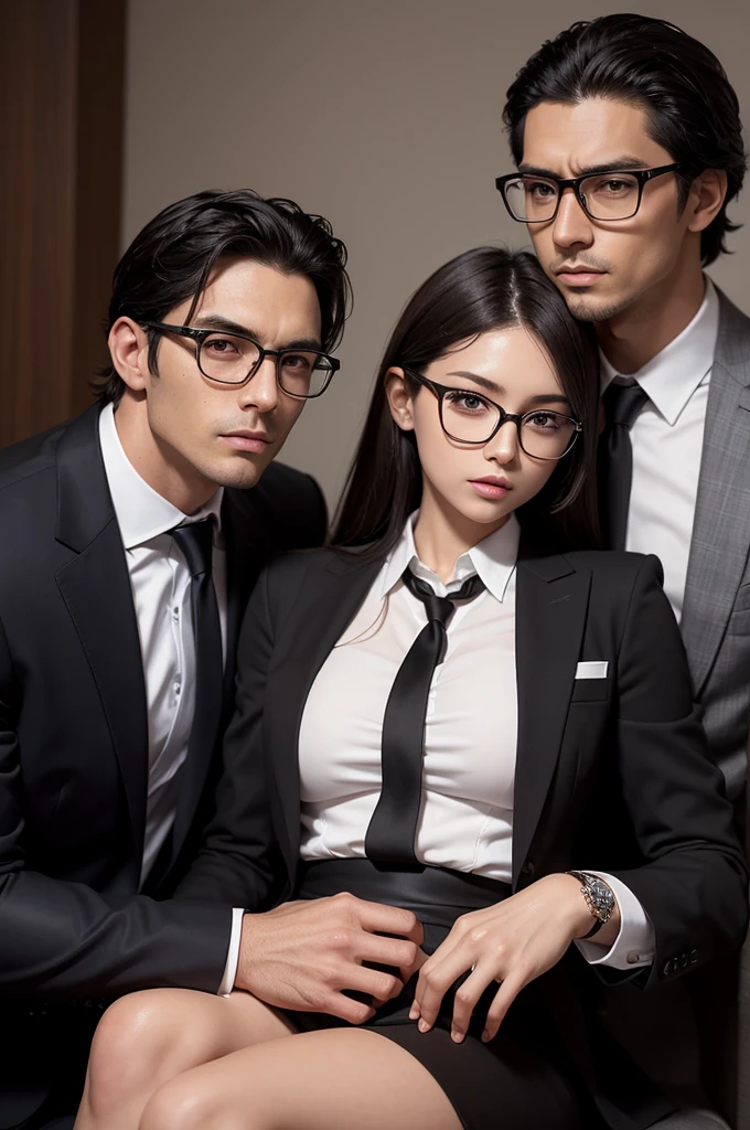 I wanted a fanart of a young beautiful woman from a 1,60 tall, medium straight and dark brown hair, Caucasian skin, wear glasses, because your vision is bad, a little confused, but efficient, brown dark eyes, casual and modern style. And an imposing and attractive young CEO of a 1,85 tall, straight black hair, well cut and tidy, dark piercing eyes, cold and imposing, athletic and well-maintained body, classic and modern formal style, always in a suit, dark and tanned. 2 characters a man and a woman, they are a couple. The woman sitting on the lap of the handsome young CEO.