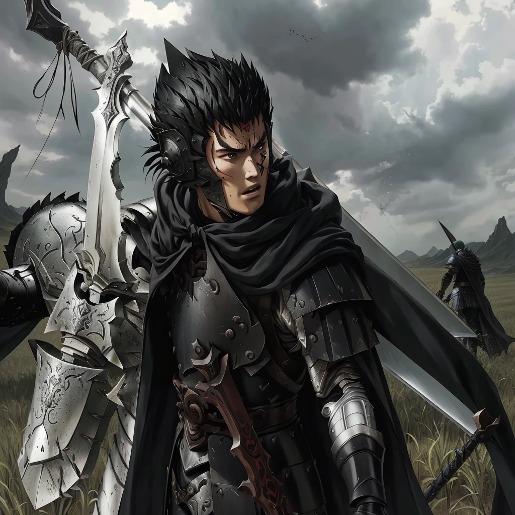 anime characters with weapons and armor in a field, berserk style, guts berserk, berserk art style, guts from berserk, berserk guts, portrait of guts from berserk, from berserk, berserk, berserk skullknight black armor, guts, berserk manga, in berserk manga, berserk blood, best anime character design