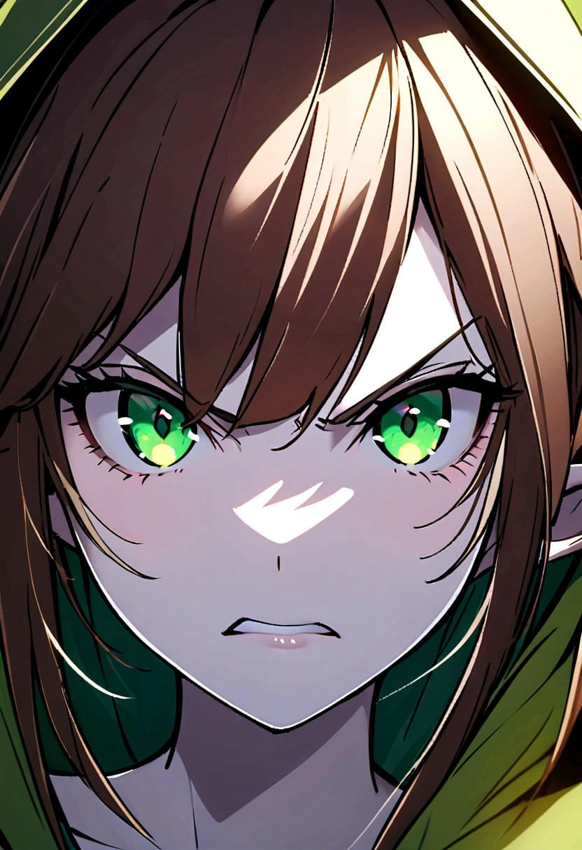 Portrait of an Young elven woman, pale skin, brown hair, green eyes, black short clothes, small, dark fantasy, long ears, angry, bladedancer