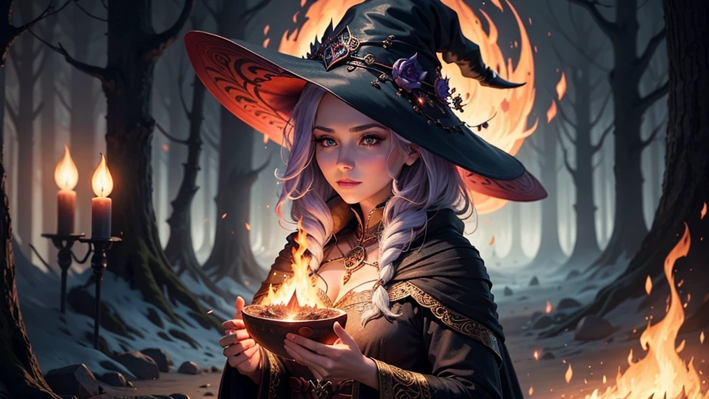 Make a beautiful fire magic sorceress, wearing a beautiful witch's hat, with short stylish flaming red hair, posing cinematically with his hand up casting great fire magic into the sky, shining bright eyes, usando um bodysuit sensual, ripped tights and beautiful boots with witchy high heels, showing off her beautiful toned body with beautiful curves, big breasts thin waist, abedome defined, environment of a gloomy forest on fire everywhere, depth effects, effects of fire particles, image with lots of details, full body view, beauty of flaming colors