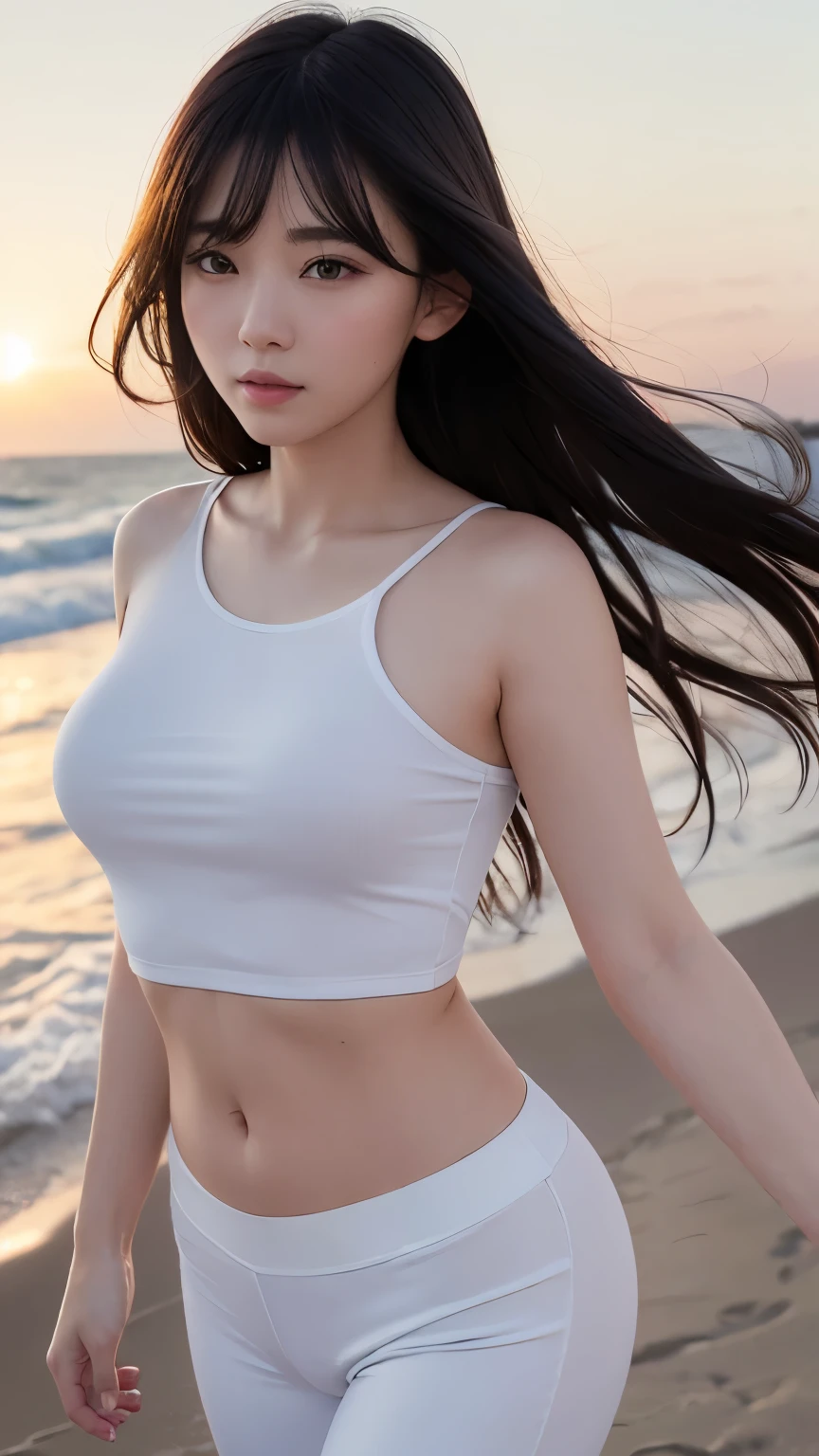 (logo、masterpiece、8K、Tabletop、RAW Photos、wonderful、最high quality、Photorealistic and Very detailed CG integrated 8K wallpaper、high quality、Very detailed、Narrative poem、Particle Effects、Dynamic Effects、Written boundary depth、Cinematic Light、Lens flare、Ray Tracing)、Fantasy、 (One beautiful woman、White pants、White T-shirt、White tube top、White crop top、Black-haired、Beautiful Face、True Face、Beautiful details、eye、Beautiful Skin、Ultimate Body、glamorous)、私の髪はWindに舞う、Hair flutters in Wind、Hair bounces、Seaside、wonderful景色、Coastal、sunrise、Sun in the background、Wind、Beach