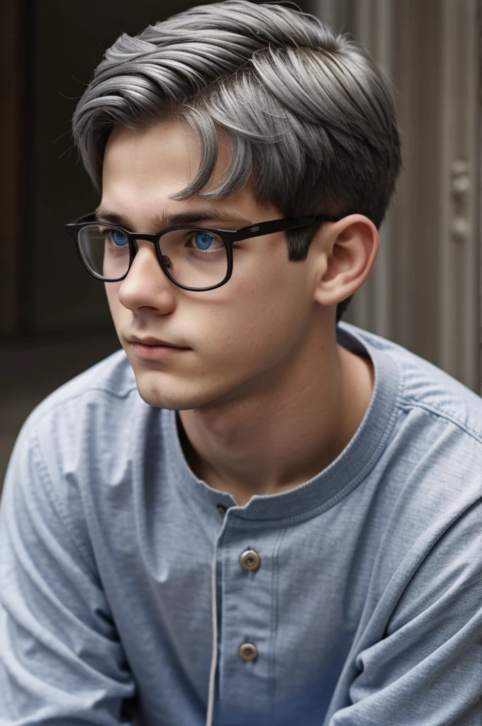 a boy,tender,short,his hair is gray,his eyes are blue,has glasses,17 years,It is sweet