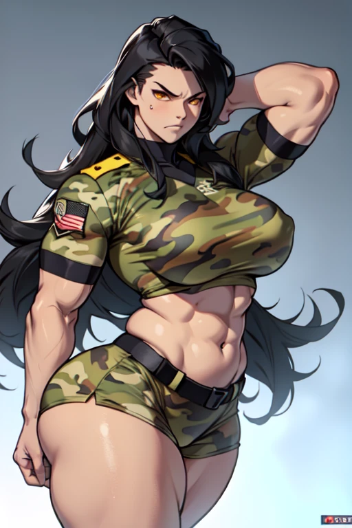 solo, 1 girl enormous  enormous breasts, (very long hair), black hair, angry, yellow eyes pale skin (wide hips thick thighs curvy muscular toned body bodybuilder huge tits) (camo uniform)