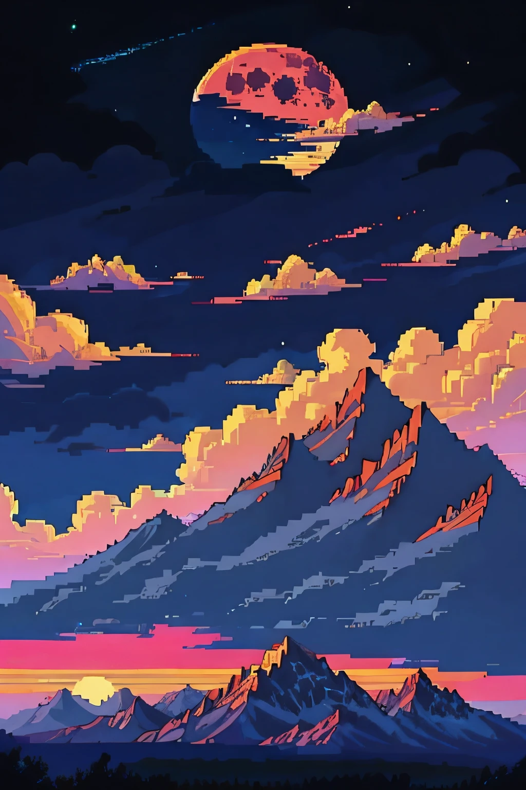 Pixel Art，Starry Sky，Full moon night，Mountains，Clouds blocking the sun