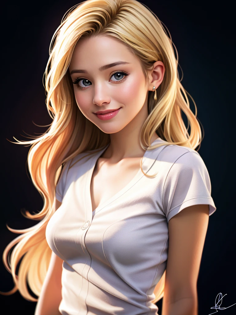 Realistic photo of a beautiful kr1st3nb woman,1girl,solo,long hair,breasts,looking at viewer,smile,blonde hair,simple background,shirt,white background,upper body,artist name,signature,lips,black shirt,realistic, soft lighting, professional Photography, Photorealistic, detailed, RAW, analog, sharp focus, 8k, HD, high quality, masterpiece