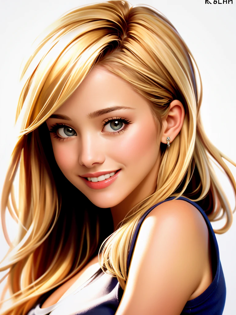 Realistic photo of a beautiful kr1st3nb woman,1girl,solo,long hair,breasts,looking at viewer,smile,blonde hair,simple background,shirt,white background,upper body,artist name,signature,lips,black shirt,realistic, soft lighting, professional Photography, Photorealistic, detailed, RAW, analog, sharp focus, 8k, HD, high quality, masterpiece