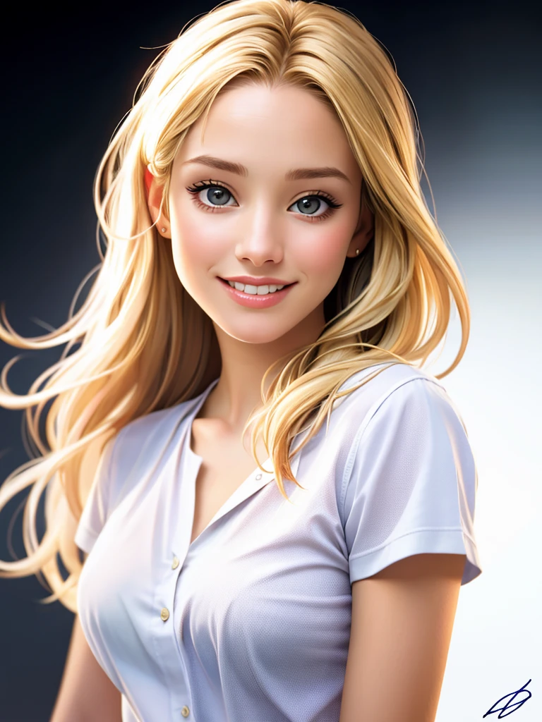 Realistic photo of a beautiful kr1st3nb woman,1girl,solo,long hair,breasts,looking at viewer,smile,blonde hair,simple background,shirt,white background,upper body,artist name,signature,lips,black shirt,realistic, soft lighting, professional Photography, Photorealistic, detailed, RAW, analog, sharp focus, 8k, HD, high quality, masterpiece