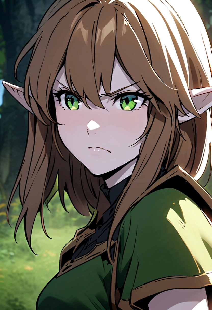Young elven woman, pale skin, brown hair, a green eyes,  black clothes, small, dark fantasy, long ears, bladedancer, pissed, holding a sword