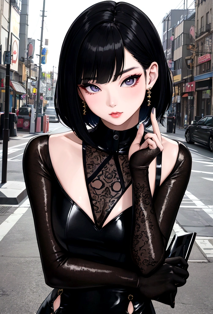 Korean model sporting stylishly cropped haircut, decorated with graphical patterns illuminating her eyes, pose inspired by the high-fashion editorial, flawless skin radiating under natural light, dressed in avant-garde couture, surrounded by the subtly twinkling city street lights, irony runway, high-res photo, urban nightlife, chic echos, aperture F 2.5,