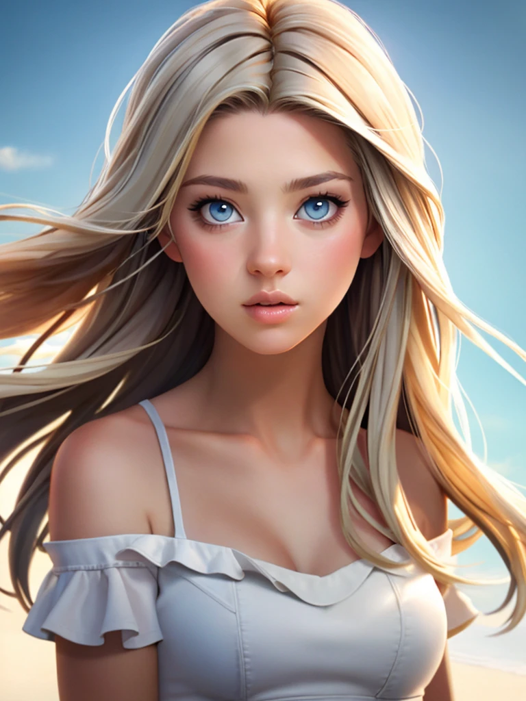A beautiful t4r4r woman,1girl,solo,long hair,blue eyes,blonde hair,bare shoulders,upper body,sky,day,lips,grey eyes,realistic,soft lighting, professional Photography, Photorealistic, detailed, RAW, analog, sharp focus, 8k, HD, high quality, masterpiece