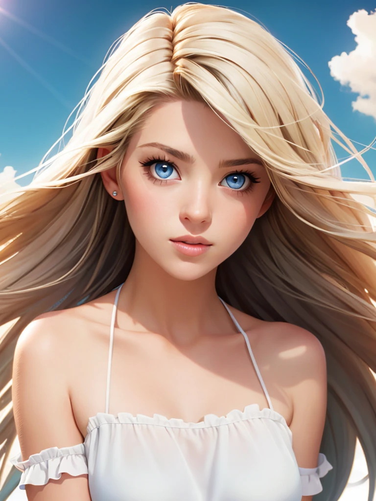 A beautiful t4r4r woman,1girl,solo,long hair,blue eyes,blonde hair,bare shoulders,upper body,sky,day,lips,grey eyes,realistic,soft lighting, professional Photography, Photorealistic, detailed, RAW, analog, sharp focus, 8k, HD, high quality, masterpiece
