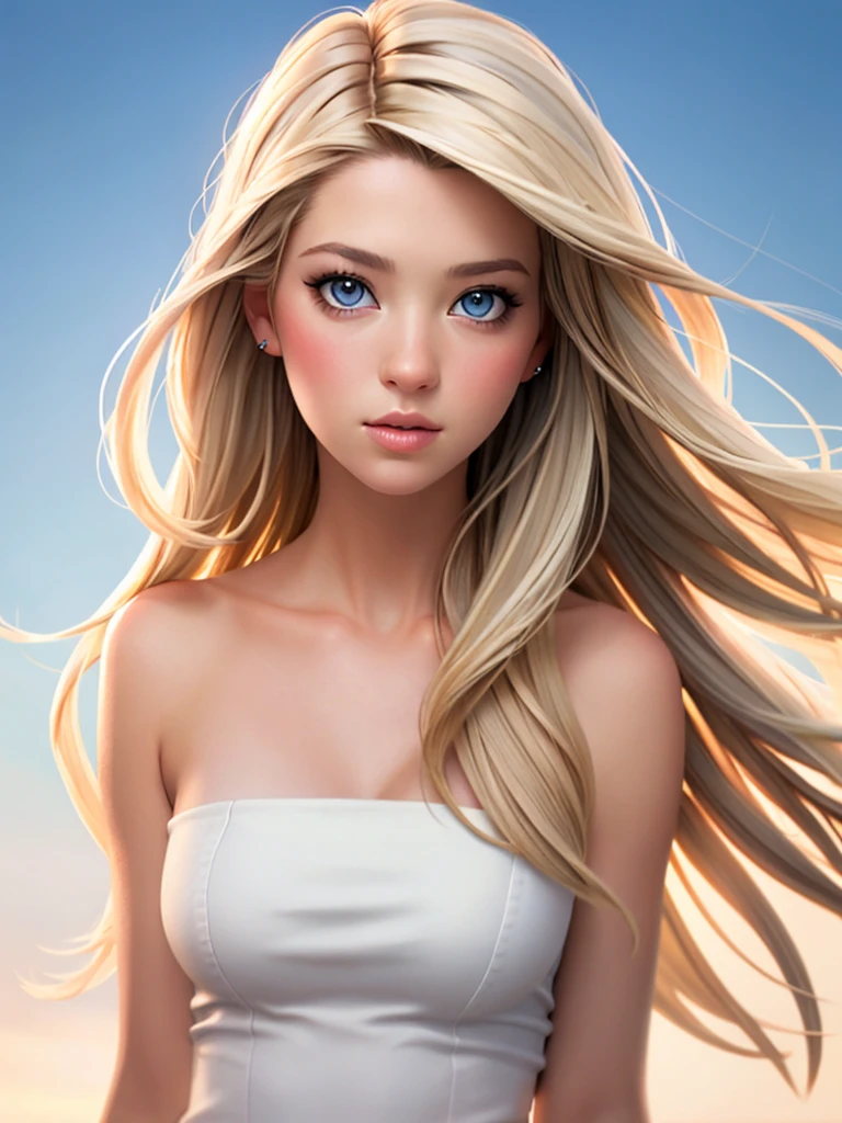 A beautiful t4r4r woman,1girl,solo,long hair,blue eyes,blonde hair,bare shoulders,upper body,sky,day,lips,grey eyes,realistic,soft lighting, professional Photography, Photorealistic, detailed, RAW, analog, sharp focus, 8k, HD, high quality, masterpiece