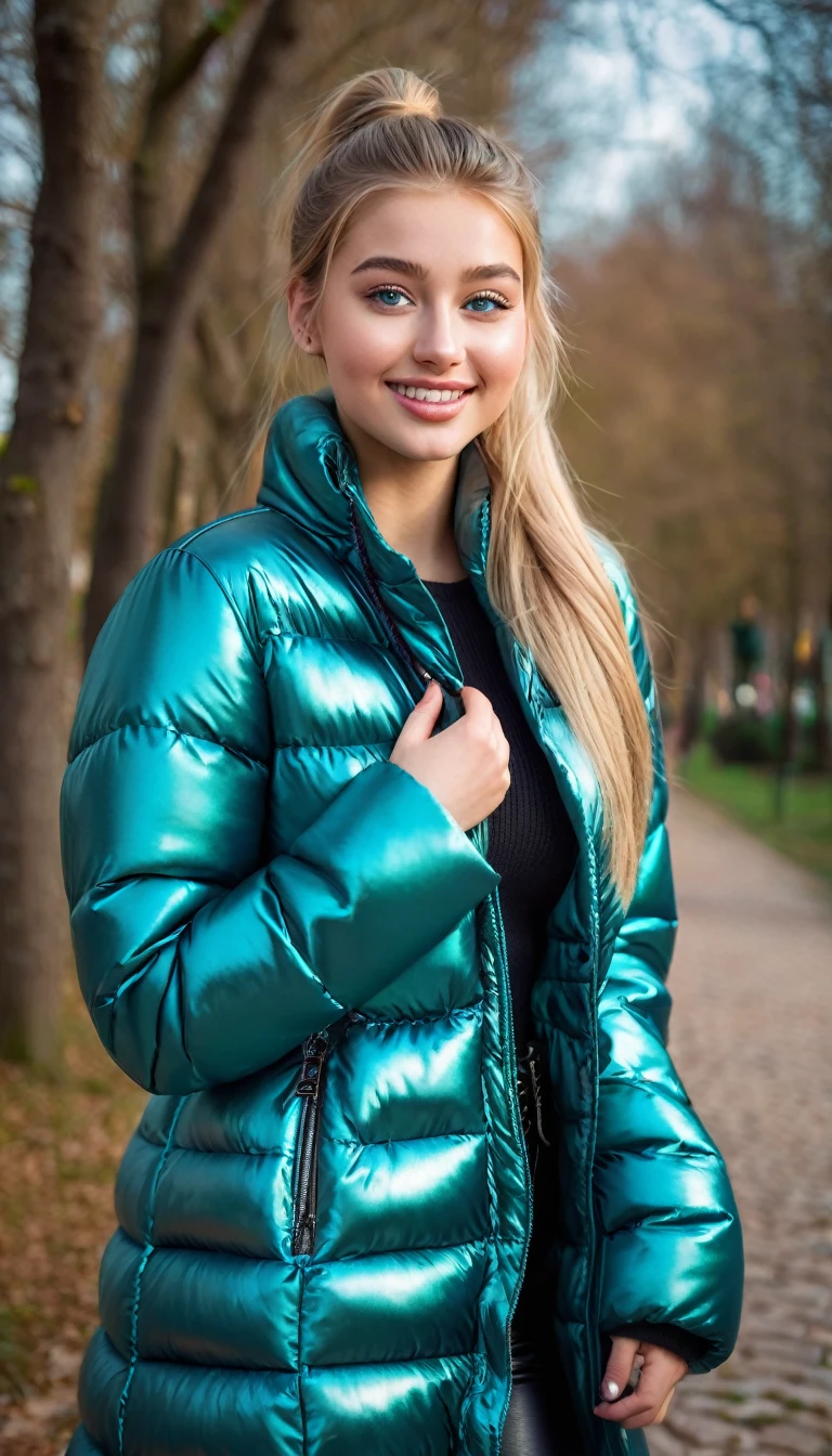 ultrarealistic high quality full body photo of a beautiful busty slim european 18-year-old woman with cute hyperdetailed shy face and natural blonde straight long ponytail and shy smile , realistic round hazel eyes, natural lips, light makeup, wearing shiny metallic teal puffer coat and leather pants, hourglass body, outdoor photography, tanned, nsfw