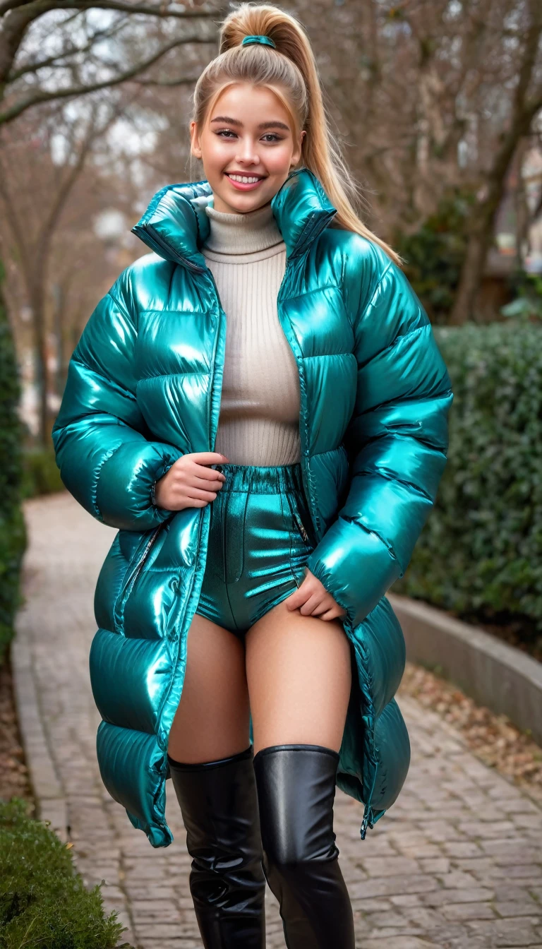 ultrarealistic high quality full body photo of a beautiful busty slim european 18-year-old woman with cute hyperdetailed shy face and natural blonde straight long ponytail and shy smile , realistic round hazel eyes, natural lips, light makeup, wearing shiny metallic teal puffer coat and leather pants, hourglass body, outdoor photography, tanned, nsfw
