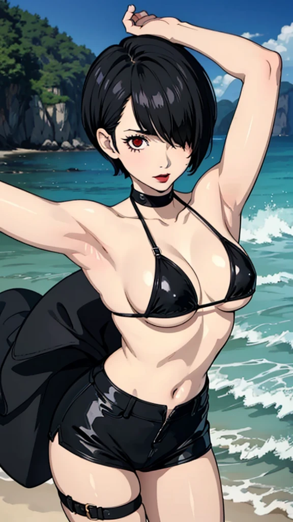 1 girl, , red eyes, very Short hair,black lipstick, black lipstick, shy, black hair, huge breacro bikini, tomboy Pixie haircut, hair over one eye, beach background, cowboy shot, arms up, armpits, thicc legs