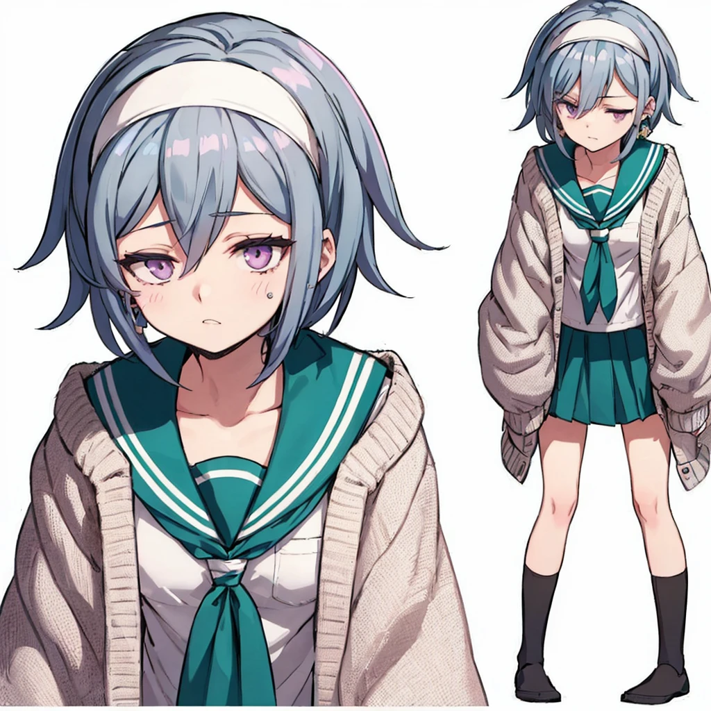 full body, standing up, holding school bag, woman,  blue hair, short straight hair, fringe falling on face, half lided eyes, purple eyes, calm expression, wearing white and green , wearing white headband, using purple sphere earrings, wearing oversized gray cardigan, school background