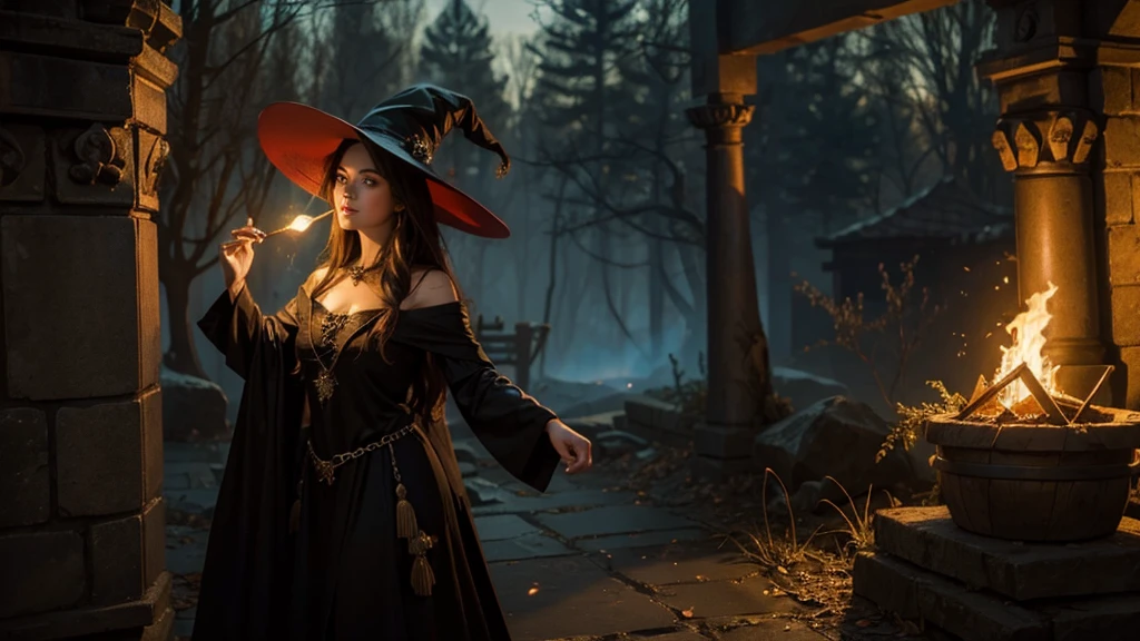 Make a beautiful fire magic sorceress, wearing a beautiful witch's hat, with short stylish flaming red hair, posing cinematically with his hand up casting great fire magic into the sky, shining bright eyes, usando um bodysuit sensual, ripped tights and beautiful boots with witchy high heels, showing off her beautiful toned body with beautiful curves, big breasts thin waist, abedome defined, environment of a gloomy forest on fire everywhere, depth effects, effects of fire particles, image with lots of details, full body view, beauty of flaming colors