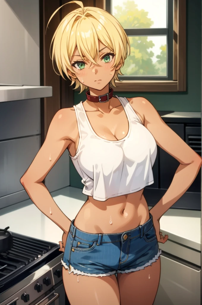 tall body, tall, long legs, mature female, mature, adult, Shokugeki_Ikumi, 1girl, breasts, blonde hair, solo, green eyes, dark skin, dark-skinned female, short hair, shorts, sweat, navel, large breasts, ahoge, cleavage, hand on hip, short shorts, midriff, looking at viewer, denim shorts, denim, collar, tank top, kitchen, indoors, crop top, stove, open fly, cowboy shot, window, blue shorts, bare shoulders, collarbone, holding, hair between eyes, closed mouth, cooking, unbuttoned, standing, tan