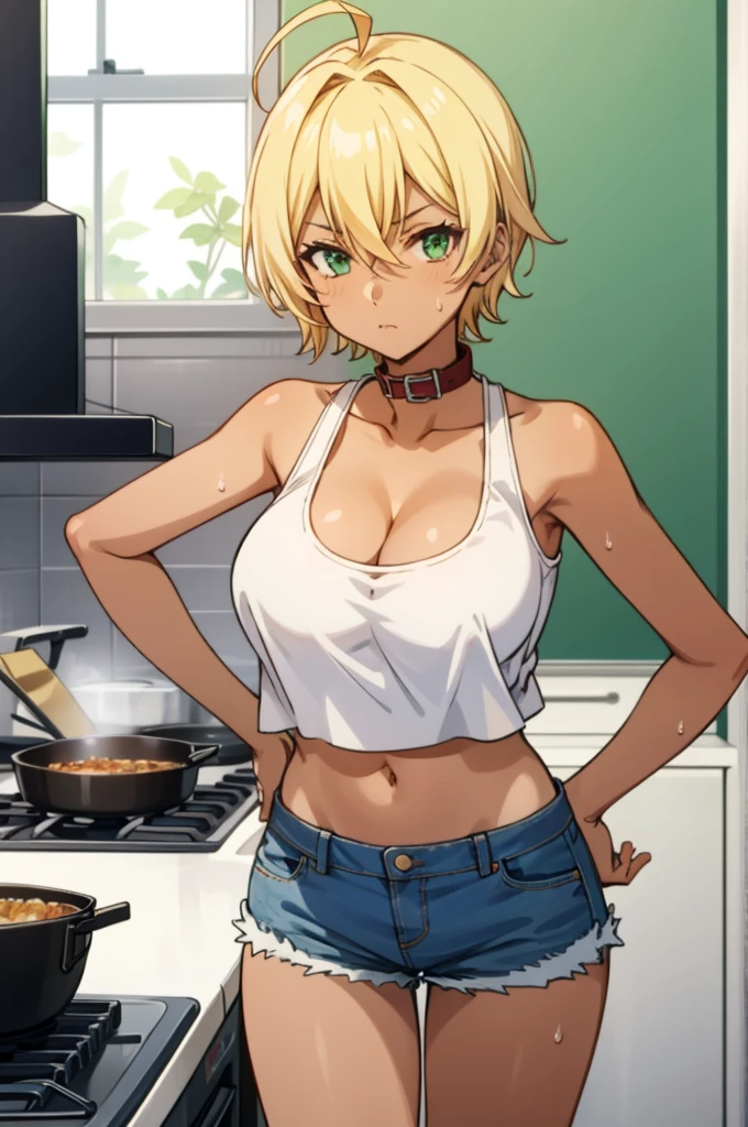 tall body, tall, long legs, mature female, mature, adult, Shokugeki_Ikumi, 1girl, breasts, blonde hair, solo, green eyes, dark skin, dark-skinned female, short hair, shorts, sweat, navel, large breasts, ahoge, cleavage, hand on hip, short shorts, midriff, looking at viewer, denim shorts, denim, collar, tank top, kitchen, indoors, crop top, stove, open fly, cowboy shot, window, blue shorts, bare shoulders, collarbone, holding, hair between eyes, closed mouth, cooking, unbuttoned, standing, tan