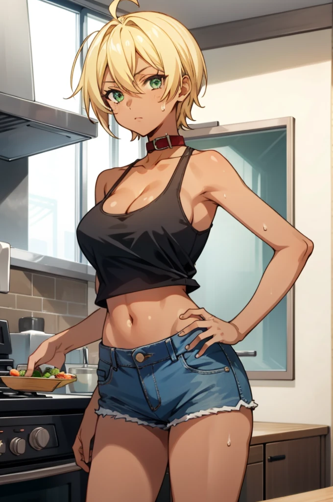 tall body, tall, long legs, mature female, mature, adult, Shokugeki_Ikumi, 1girl, breasts, blonde hair, solo, green eyes, dark skin, dark-skinned female, short hair, shorts, sweat, navel, large breasts, ahoge, cleavage, hand on hip, short shorts, midriff, looking at viewer, denim shorts, denim, collar, tank top, kitchen, indoors, crop top, stove, open fly, cowboy shot, window, blue shorts, bare shoulders, collarbone, holding, hair between eyes, closed mouth, cooking, unbuttoned, standing, tan