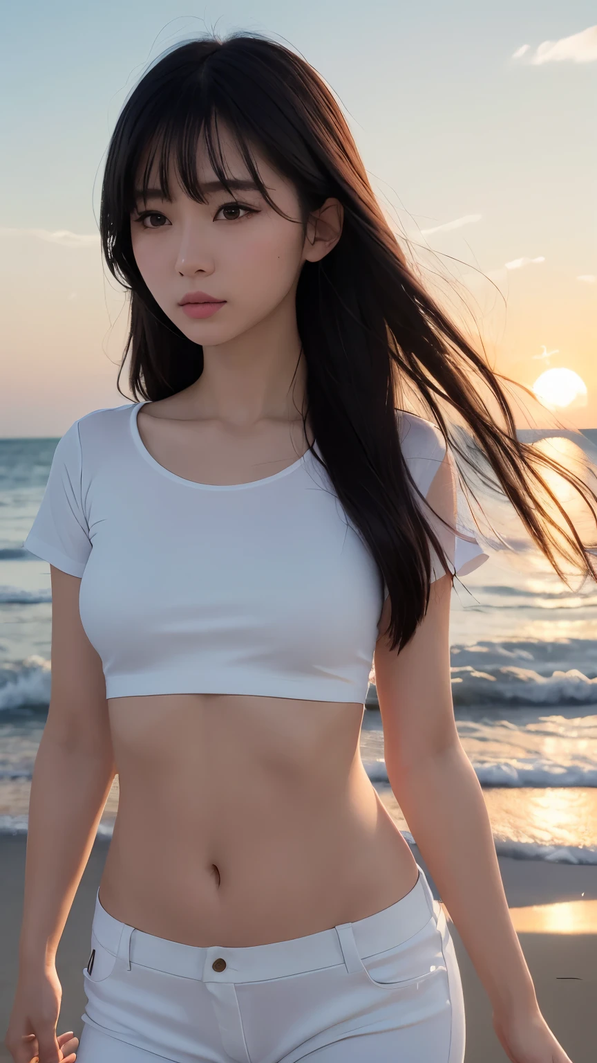 (logo、masterpiece、8K、Tabletop、RAW Photos、wonderful、最high quality、Photorealistic and Very detailed CG integrated 8K wallpaper、high quality、Very detailed、Narrative poem、Particle Effects、Dynamic Effects、Written boundary depth、Cinematic Light、Lens flare、Ray Tracing)、Fantasy、 (One beautiful woman、White pants、White T-shirt、White tube top、White crop top、Black-haired、Beautiful Face、True Face、Beautiful details、eye、Beautiful Skin、Ultimate Body、glamorous)、私の髪はWindに舞う、Hair flutters in Wind、Hair bounces、Seaside、wonderful景色、Coastal、sunrise、Sun in the background、Wind、Beach