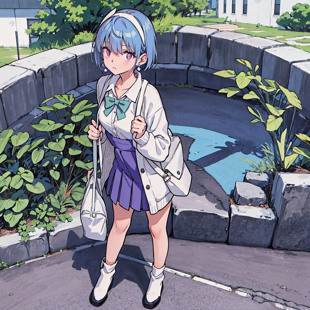 full body, standing up, holding school bag, woman, baby blue hair, short straight hair, fringe falling on face, half lided eyes, purple eyes, calm expression, wearing white and green , wearing white headband, using purple sphere earrings, wearing oversized gray cardigan, school background