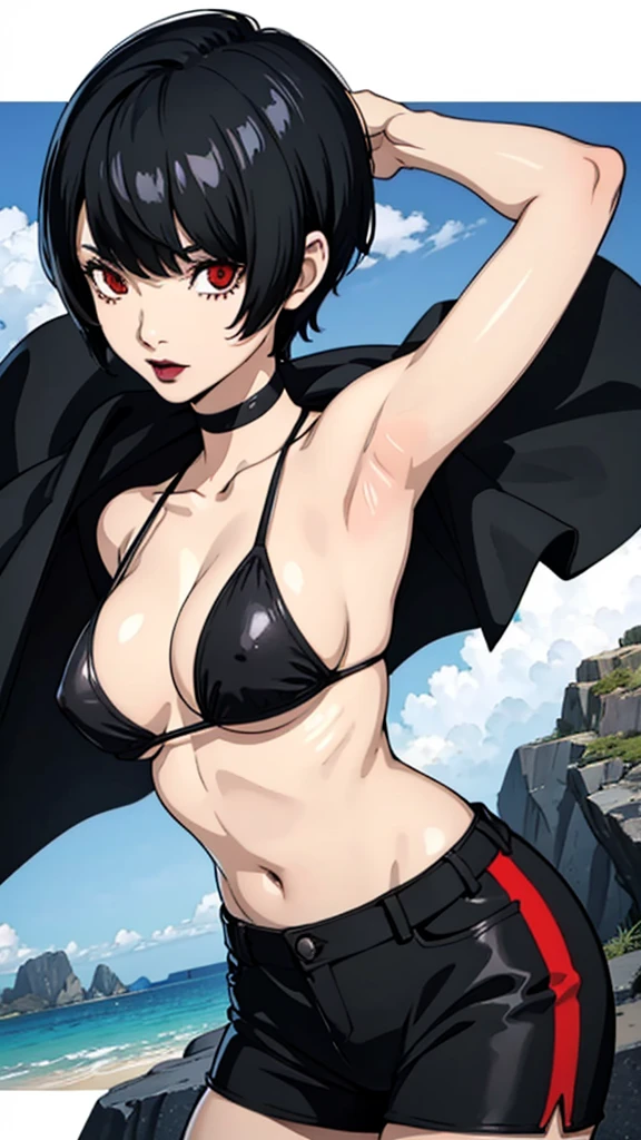 1 girl, milf, red eyes, very Short hair,black lipstick, black lipstick, shy, black hair, huge breast, micro bikini, tomboy Pixie haircut, hair over one eye, beach background, cowboy shot, arms up, armpits, thicc legs