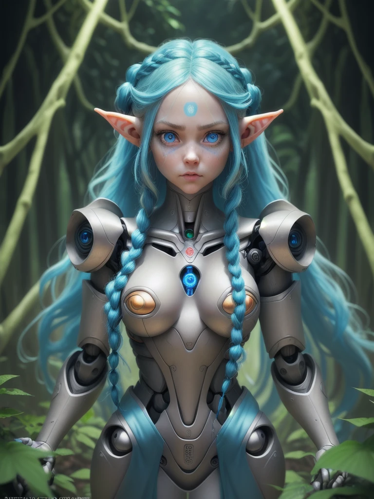 female cute elf, (anatomical robot hands), in a jungle, two braid hair, wearing elf dress, cute face , big beautiful blue eyes, full body, (hyper detailed eyes, hyper detailed face), 16k, 8k, RAW photo, best quality, masterpiece, high detail RAW color photo, dramatic lighting, cinematic lighting, back light, professional lighting
