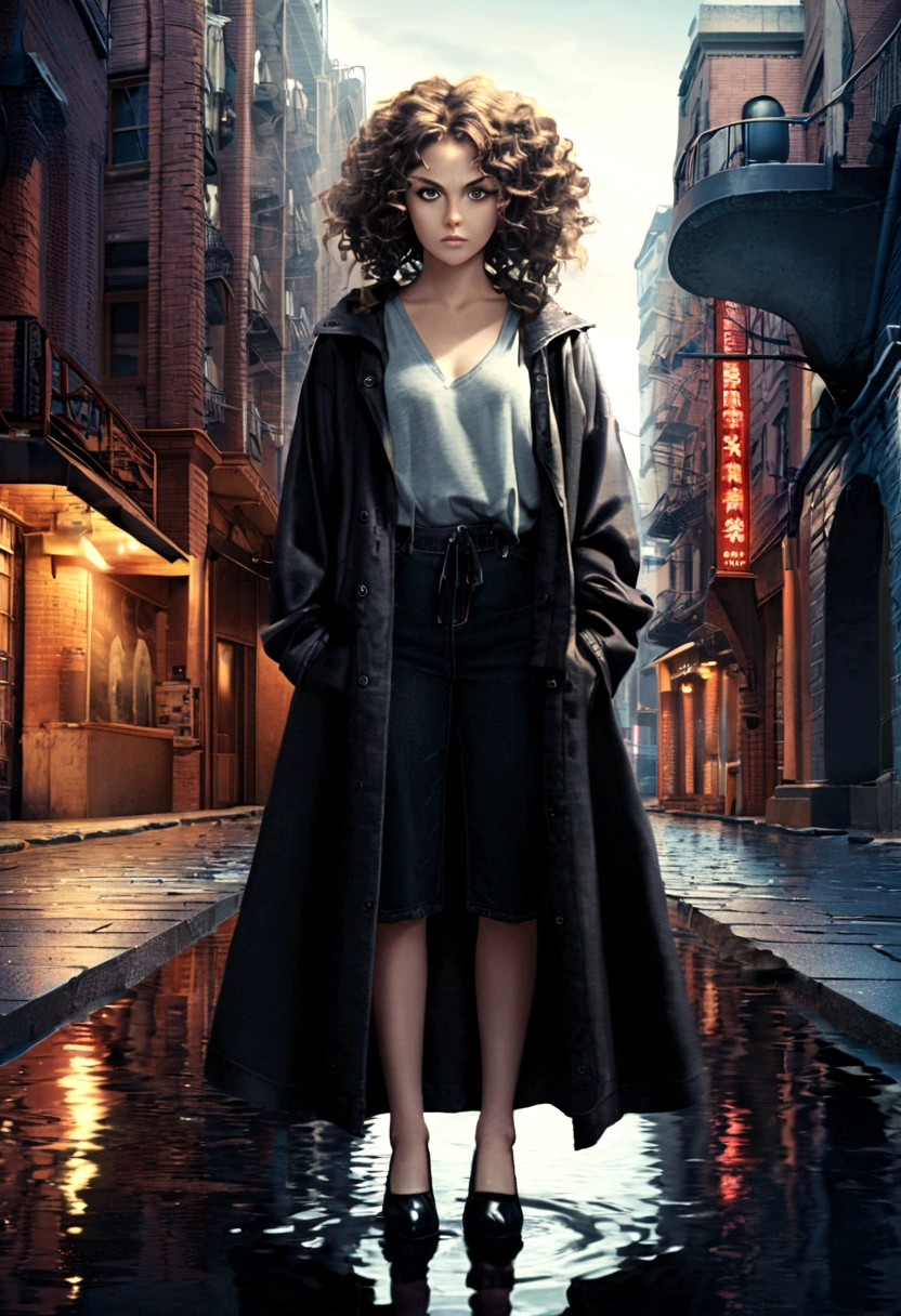 BAStyle, highest quallity, original, photo by full body, beautfull woman, curly hair, black shiny eyes, serious face, highy detailed, Loose Clothes, in a well-lit city, cinematographic