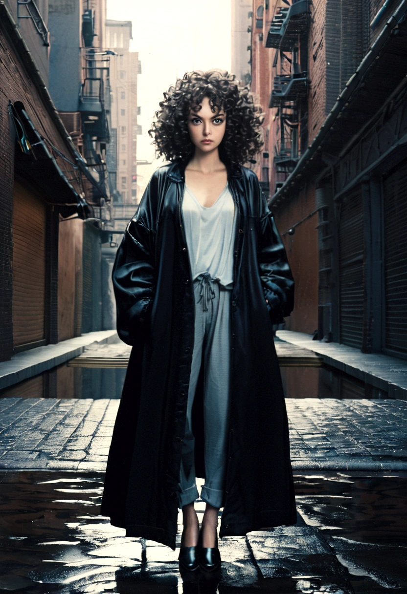 BAStyle, highest quallity, original, photo by full body, beautfull woman, curly hair, black shiny eyes, serious face, highy detailed, Loose Clothes, in a well-lit city, cinematographic
