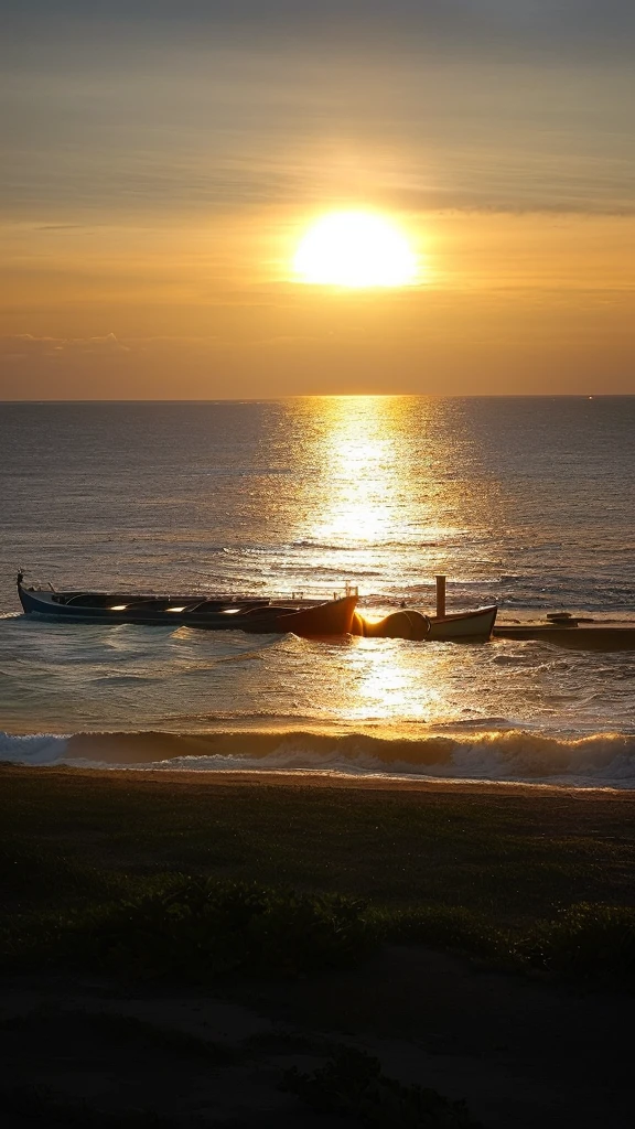 sunset over the ocean with a boat in the distance, morning golden hour, taken at golden hour, sun is shining, as the sun sets on the horizon, shining golden hour, sun set, at golden hour, sun shining, ( golden hour ), (golden hour), sunset light, at beach at sunset, seaview, sunrise light, sunlight glistening
